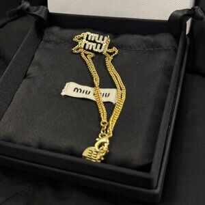 Miu Miu Gold Tone Logo Bracelet Double Chain Crystal Detail – Worn Once